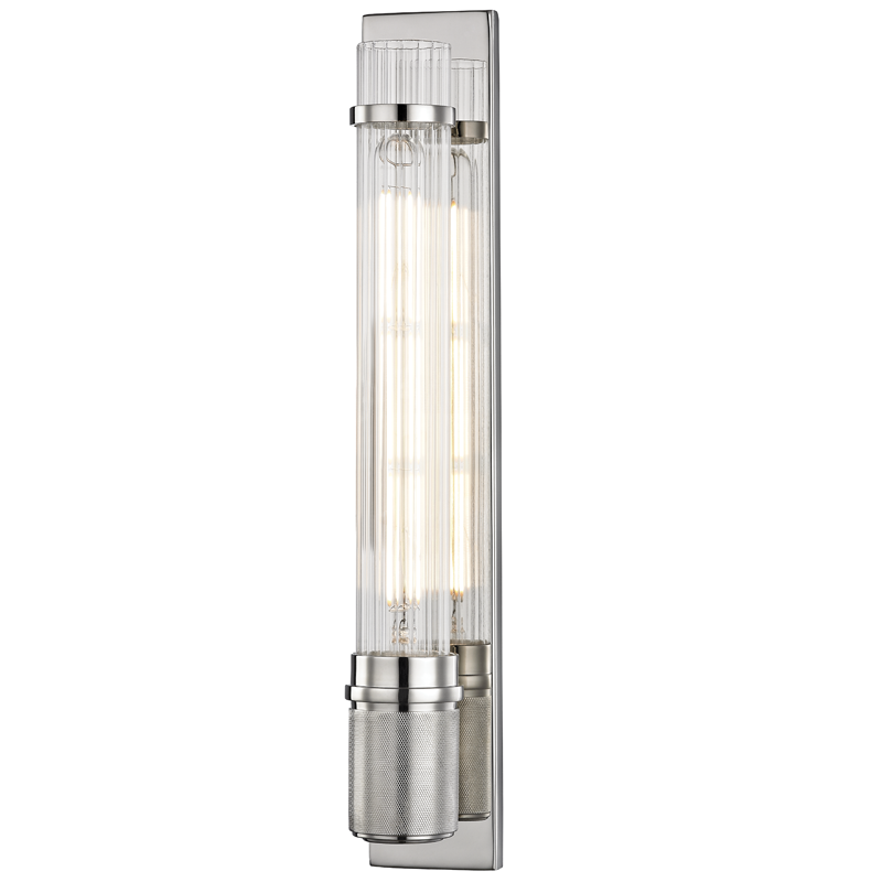 Shaw Wall Sconce in polished nickel shown from the front to reveal the arm curve and shade silhouette.