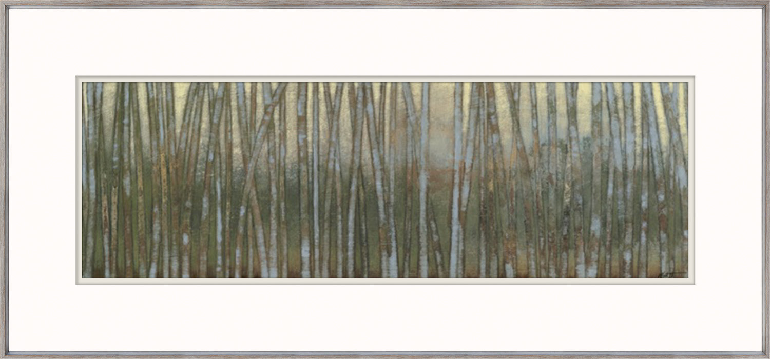 Blue Birch Forest I wall art featuring tall birch trees in muted greens and browns