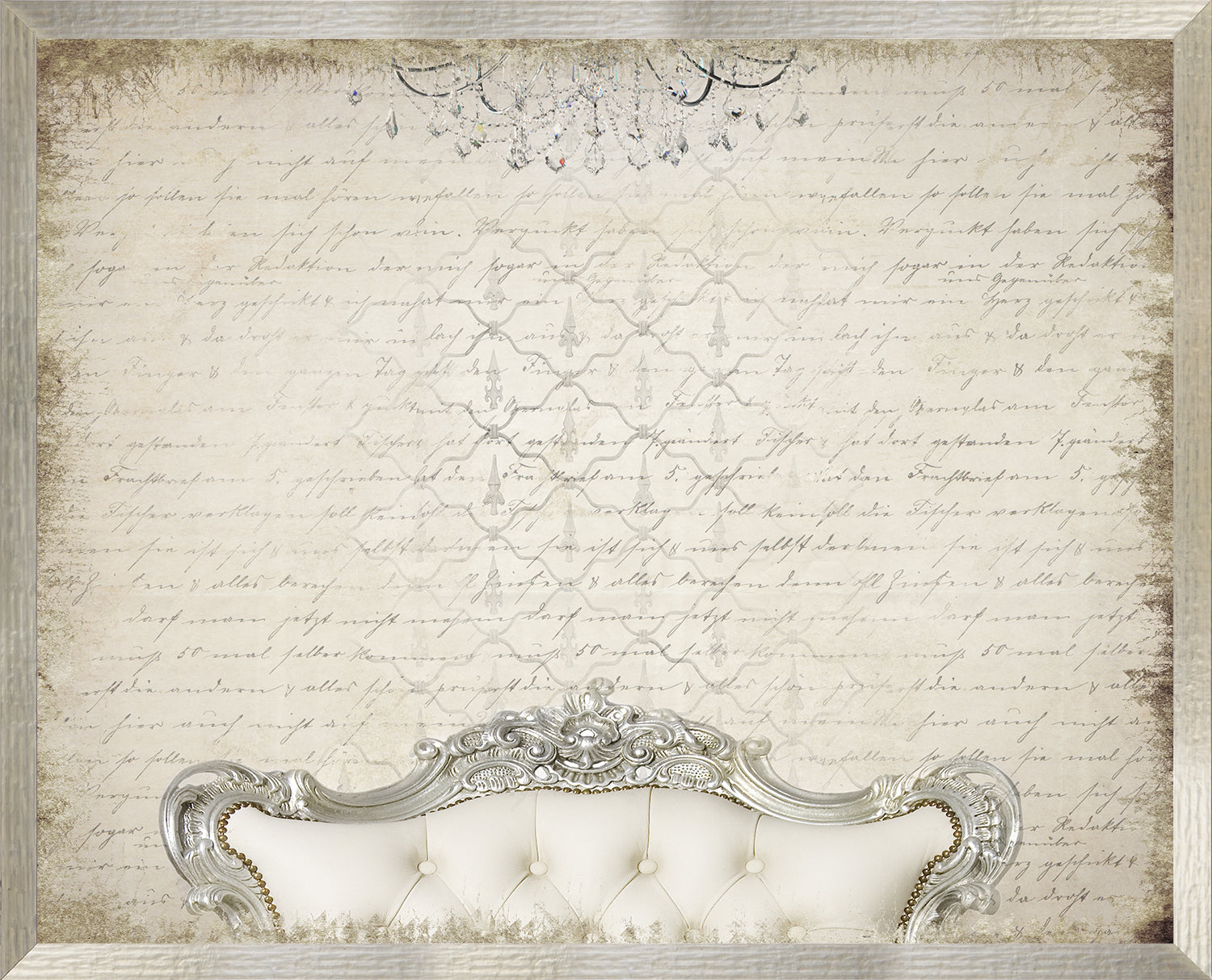 Scripted Luxury wall art featuring a vintage script background with ornate silver frame and elegant chandelier.