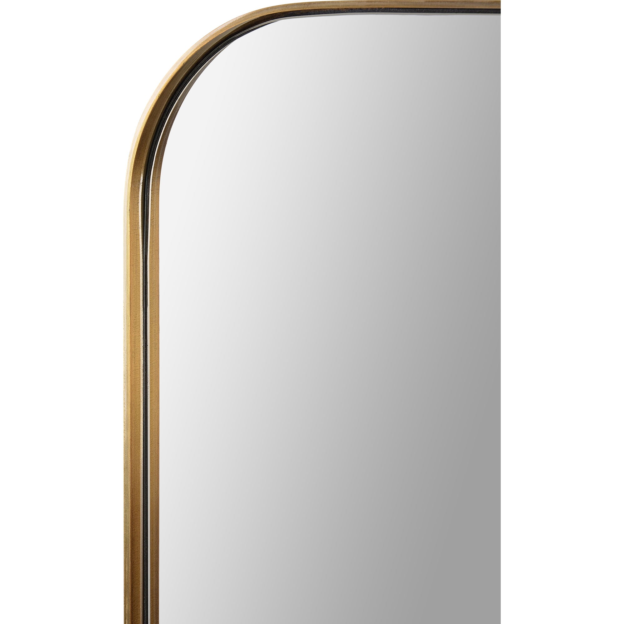 Close-up of Edwin mirror highlighting the rounded gold frame and smooth reflective surface.