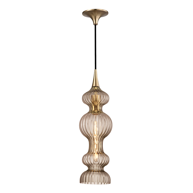 Pomfret Pendant in aged brass shown from a second angle to highlight the shade shape and metal detail.