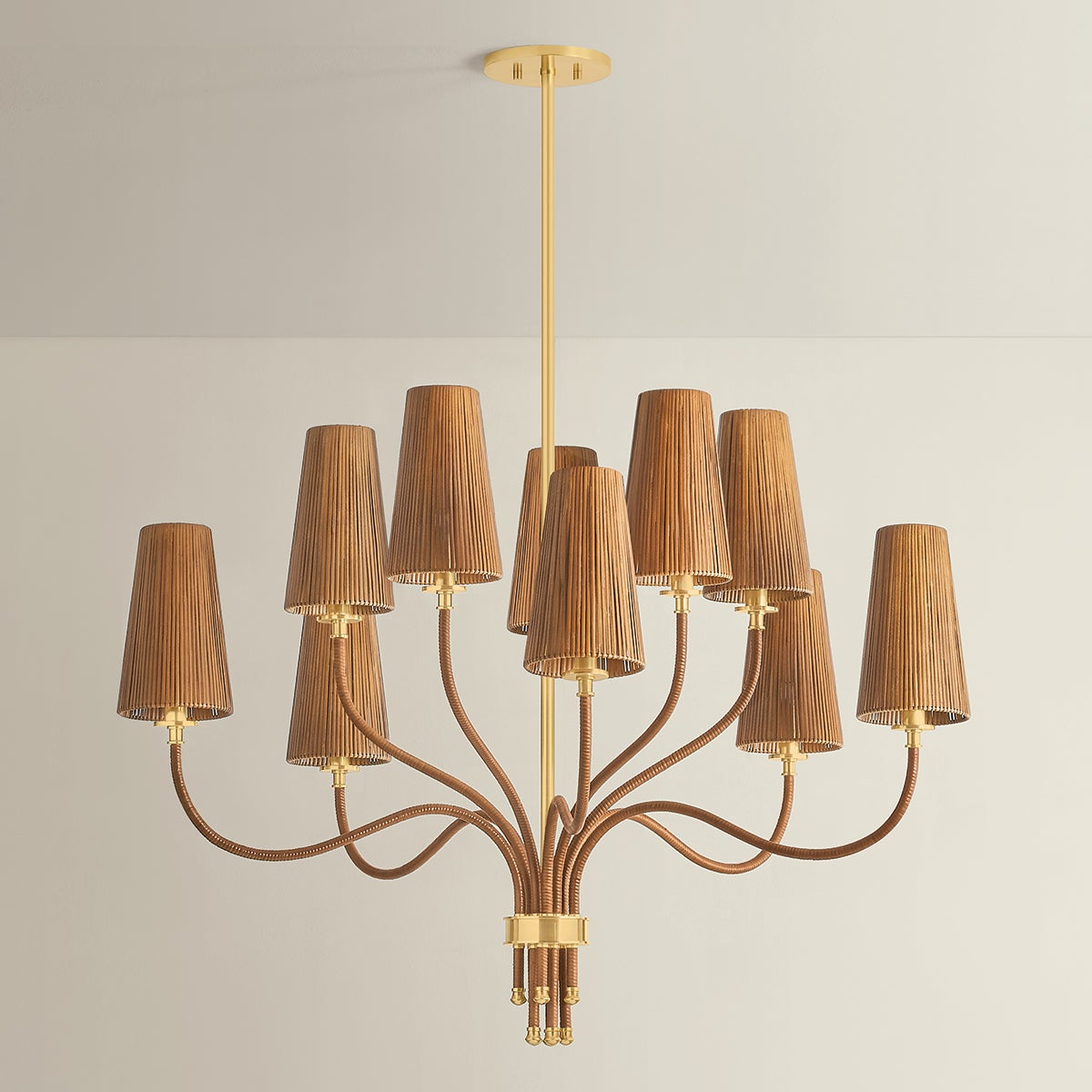 Atwood Chandelier 40" in aged brass shown from the front to reveal the frame, arms, and shade detail.