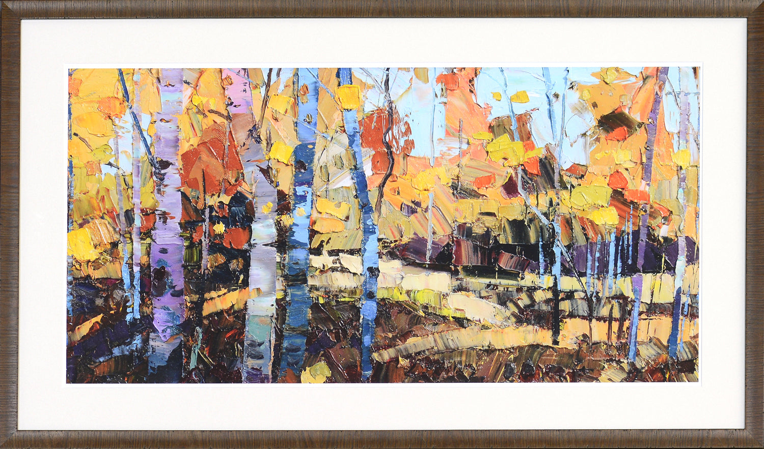 Cools Of Autumn wall art featuring vibrant autumn colors, textured brush strokes, and birch trees.