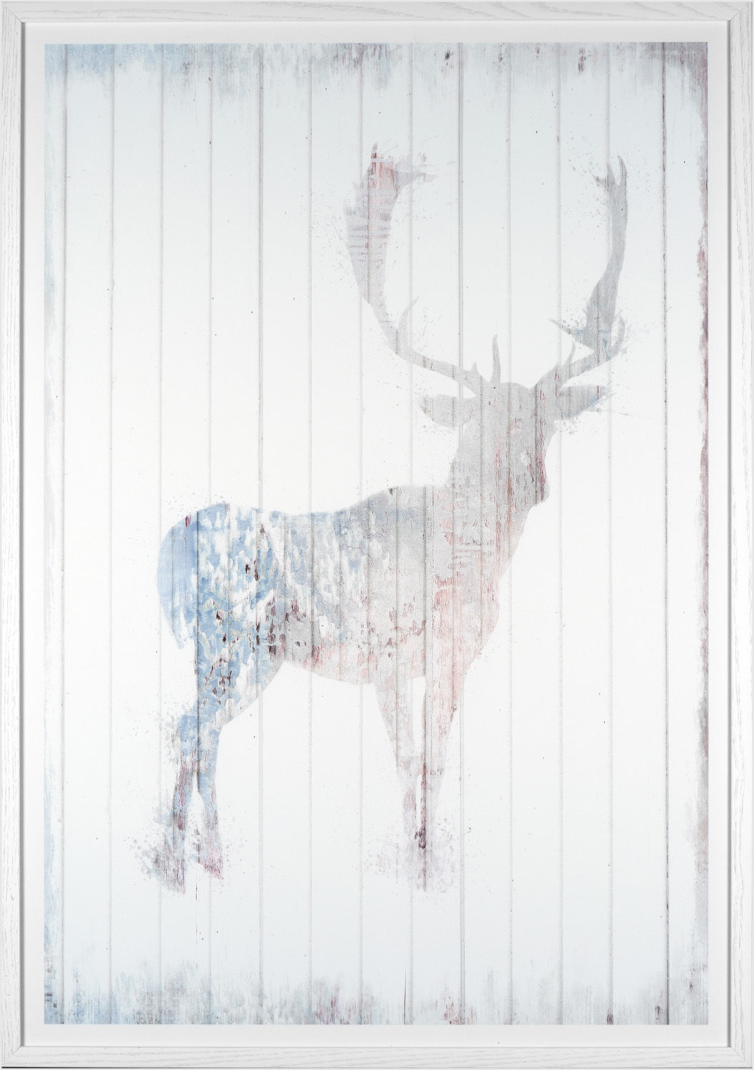 Majestic Pastel II wall art featuring a deer silhouette in soft blue and pink tones on a white wooden background.