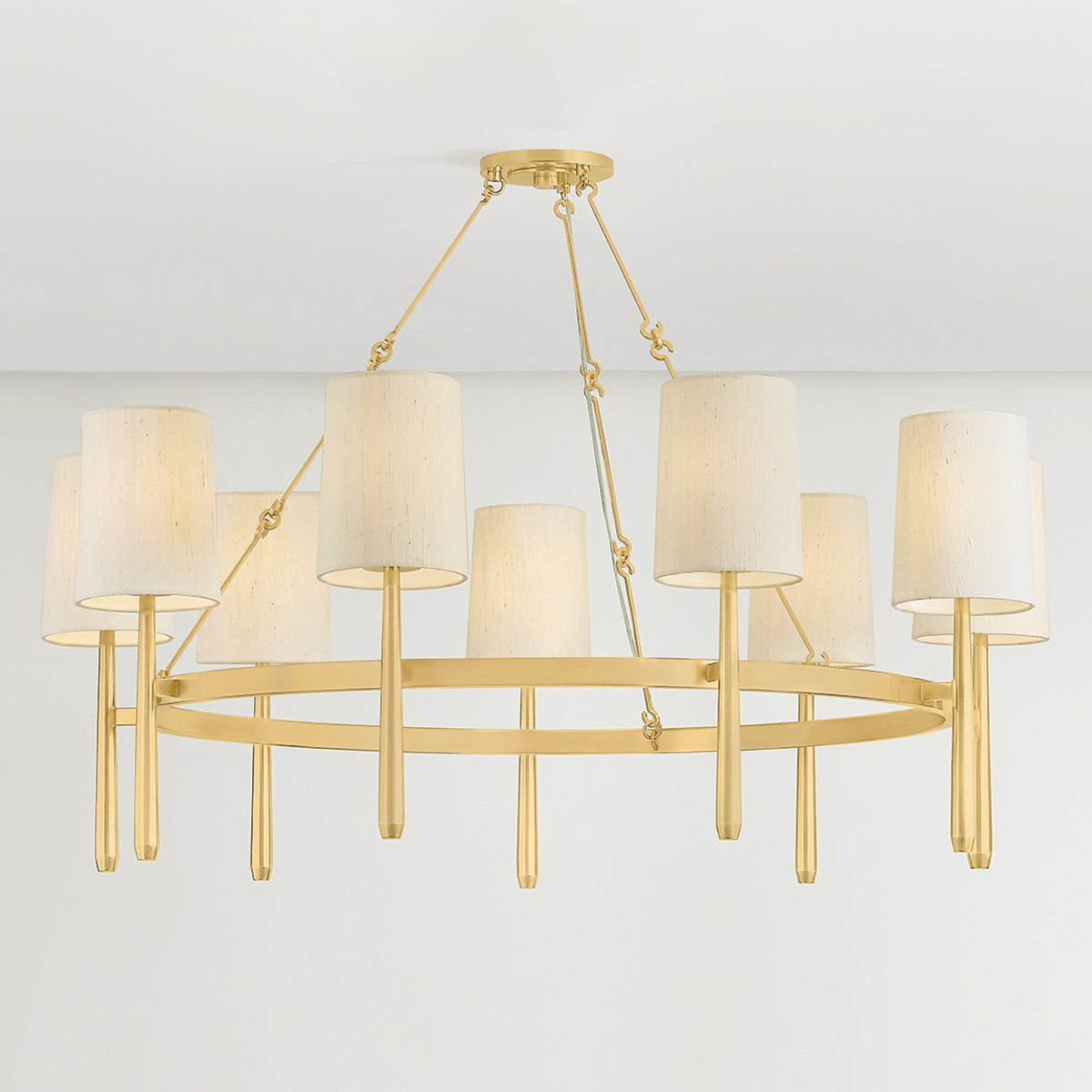 Close-up of the Bridgeton Chandelier 46" in aged brass showing the frame, arms, and shade detail.