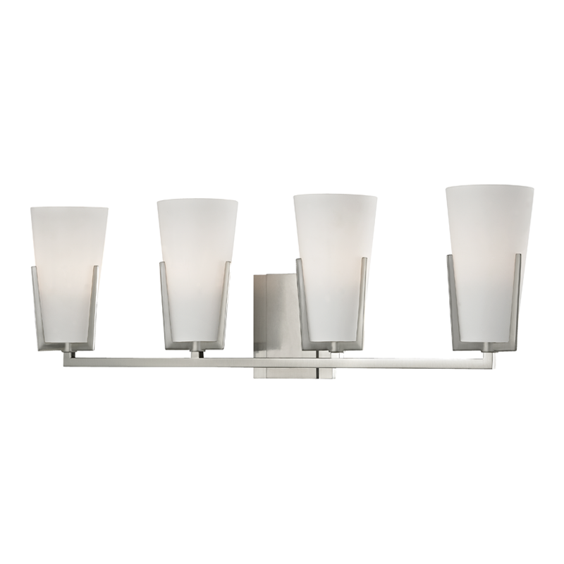 Upton Bath And Vanity 26.25" in satin nickel shown from a second angle to highlight the arm spread and shade silhouette.