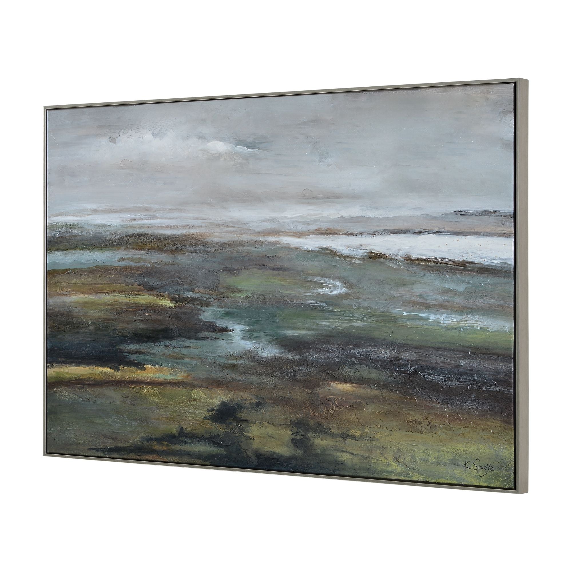Sprucer canvas art featuring abstract landscape in muted greens and browns, framed.
