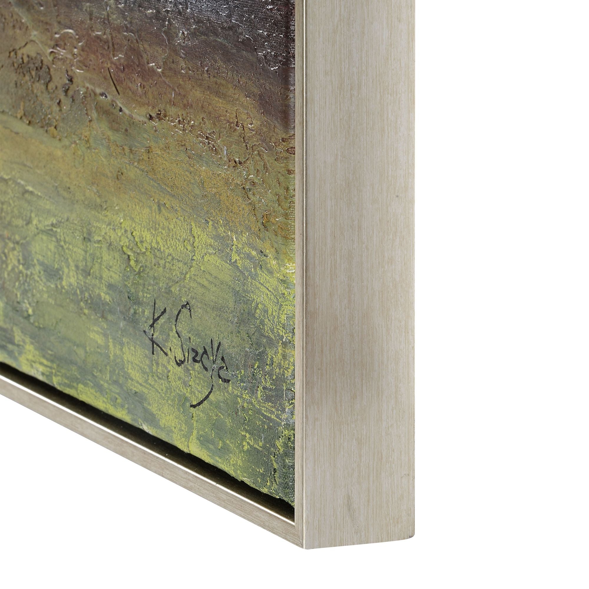 Sprucer canvas art close-up showing textured surface and silver frame detail.