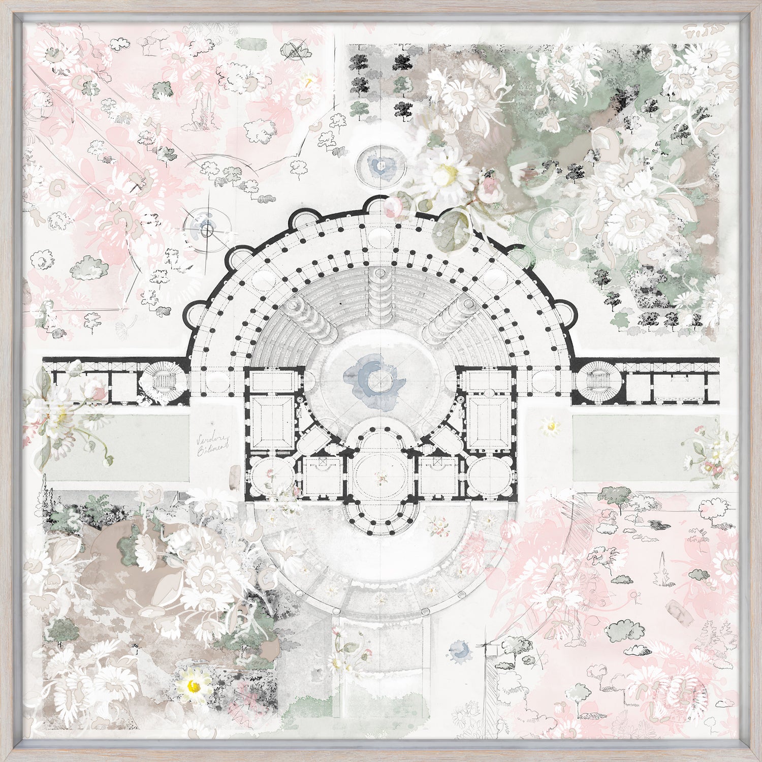 Roman Villa Daisy wall art featuring floral patterns and architectural sketches in soft colors.