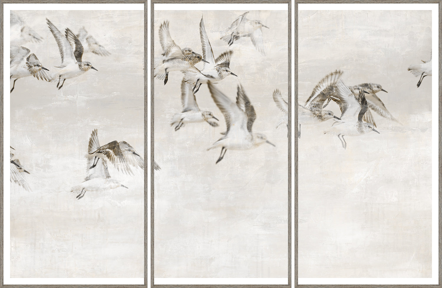 Sandpipers Take Wing — nature and landscape fine art print in neutral tones at Laurie Yapp Home