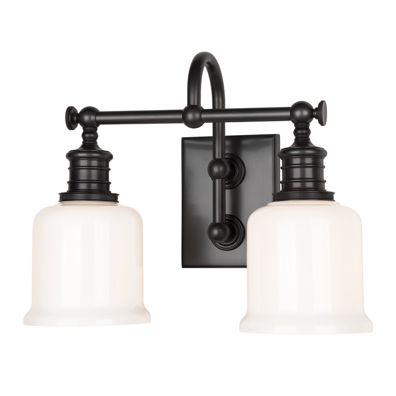 Keswick Bath And Vanity 13.5" in bronze shown from a second angle to highlight the arm spread and shade silhouette.