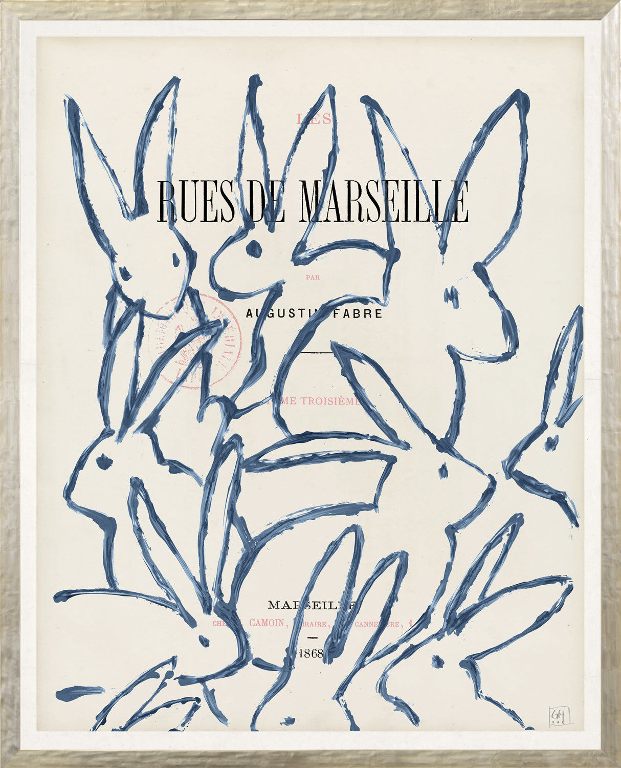 Parisienne Page XII wall art featuring blue outlined rabbits on a cream background