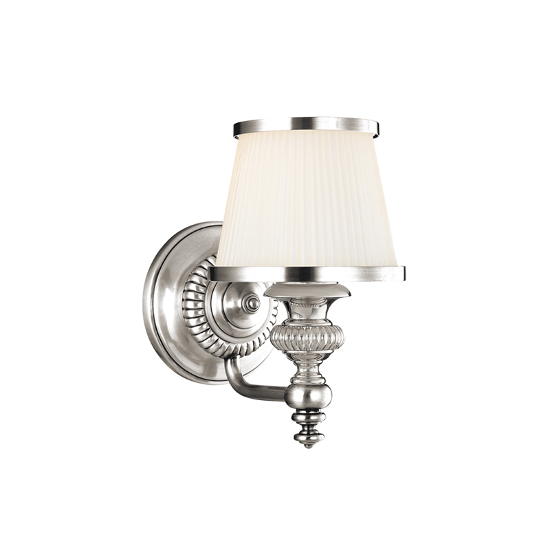 Milton Bath And Vanity 6" in polished nickel shown from a second angle to highlight the arm spread and shade silhouette.