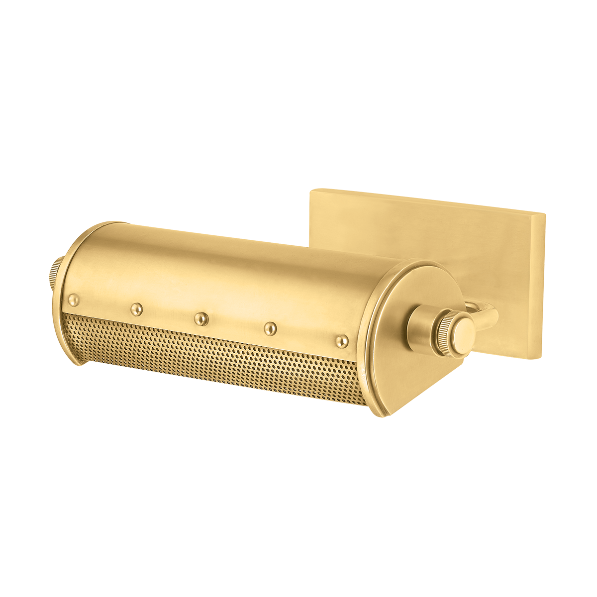 Close-up of the Gaines Picture Light in aged brass showing the arm curve and shade silhouette.