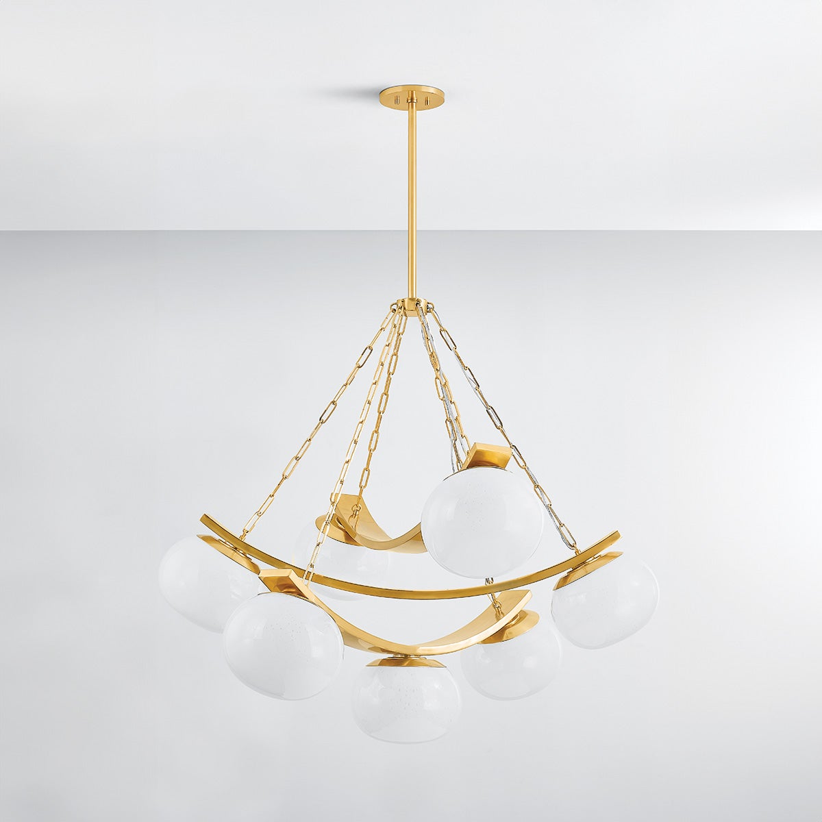 Duxbury Chandelier 43.75" in aged brass shown from the front to reveal the frame, arms, and shade detail.