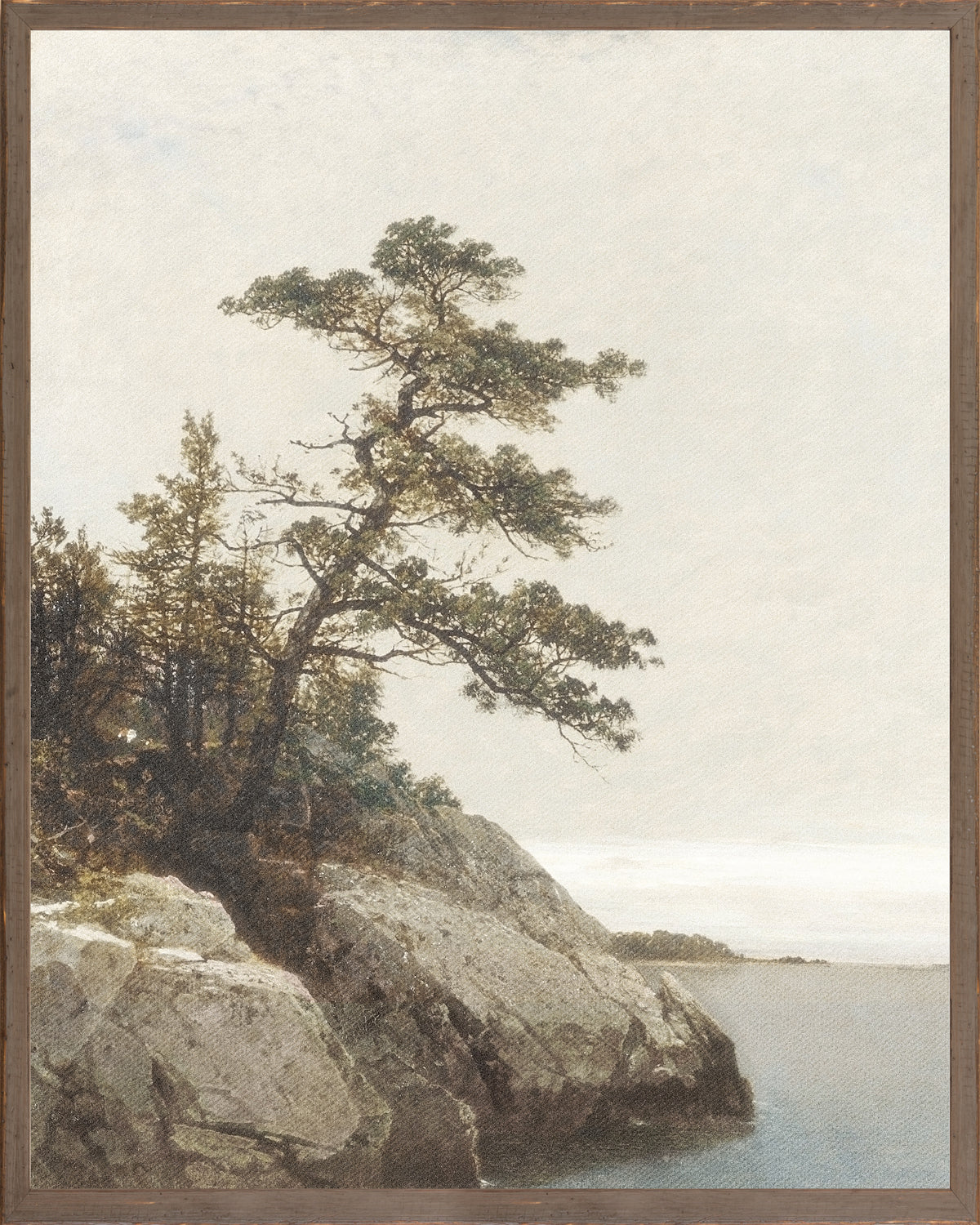 Northern Collection – The Old Pine C. 1872 wall art showing a coastal scene with a tree, framed in wood.