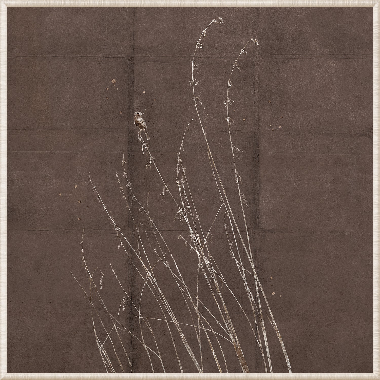 Fleeting Moment IV wall art featuring a bird on delicate white branches against a brown background.