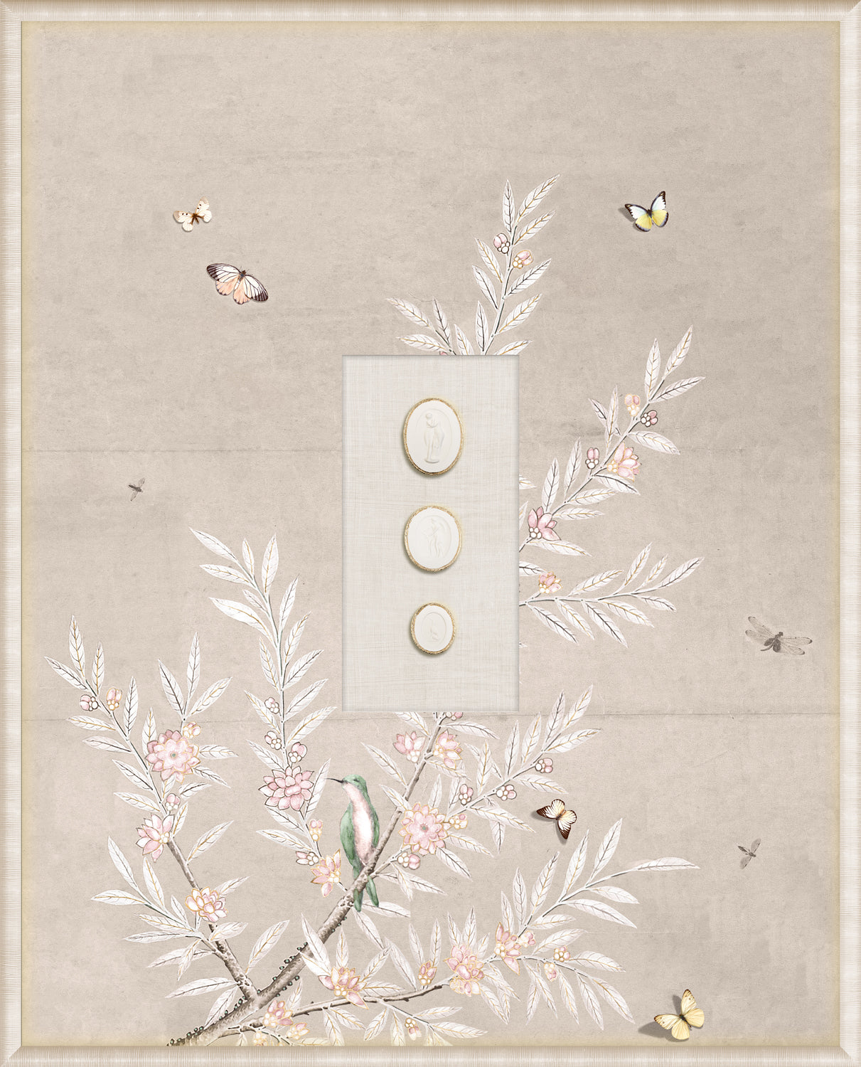 Grand Tour Intaglio – Spring Time Chinoiserie in Crème II, Form V framed art print, 16.75 × 20.75 in