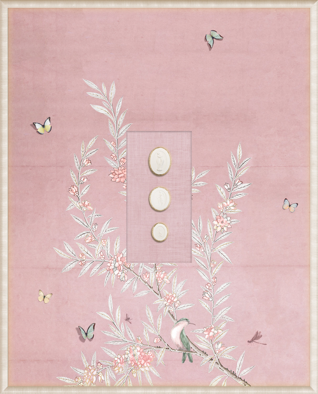 Grand Tour Intaglio – Spring Time Chinoiserie in Blush I, Form V framed art print, 16.75 × 20.75 in