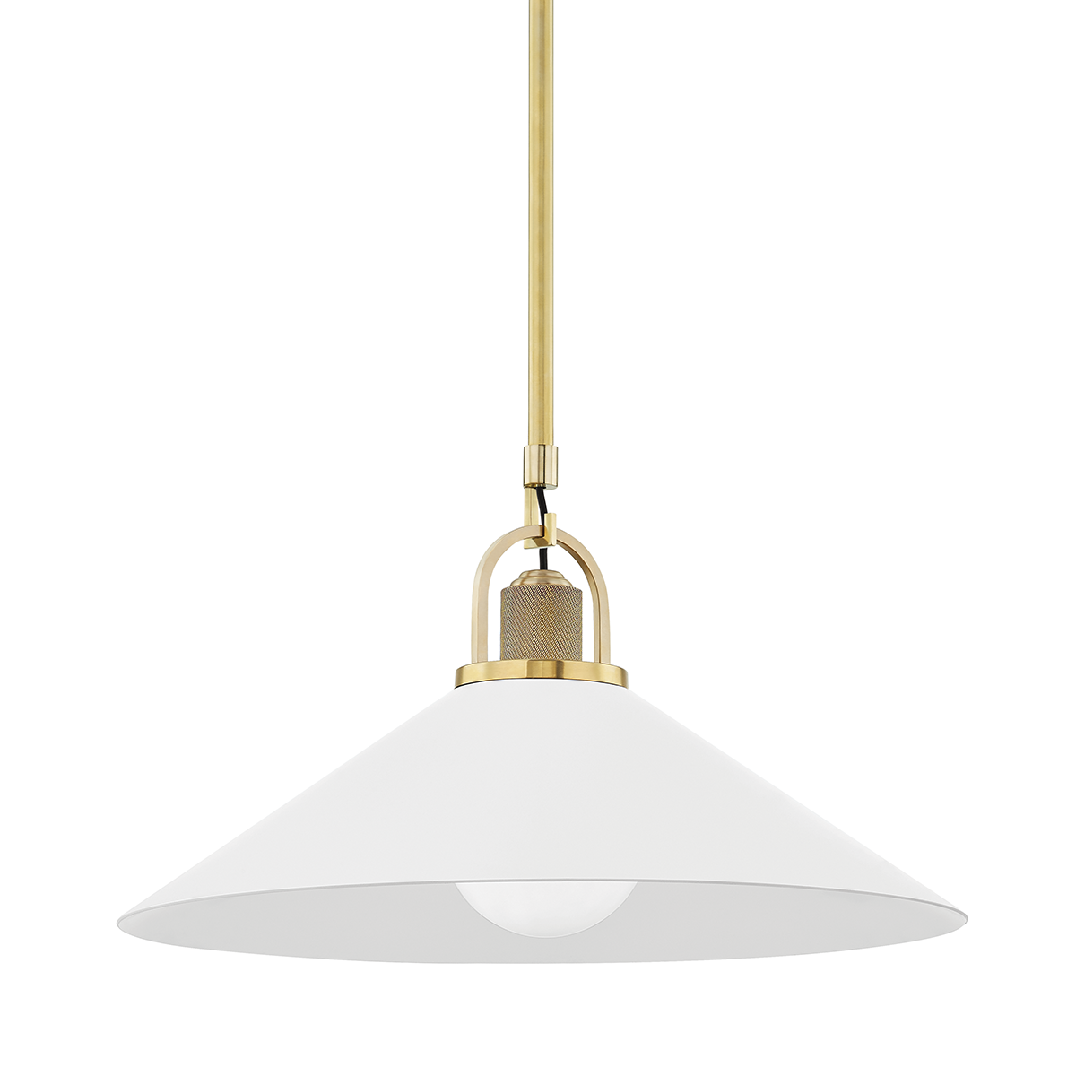 Syosset Pendant 20" in aged brass shown from a second angle to highlight the shade shape and metal detail.