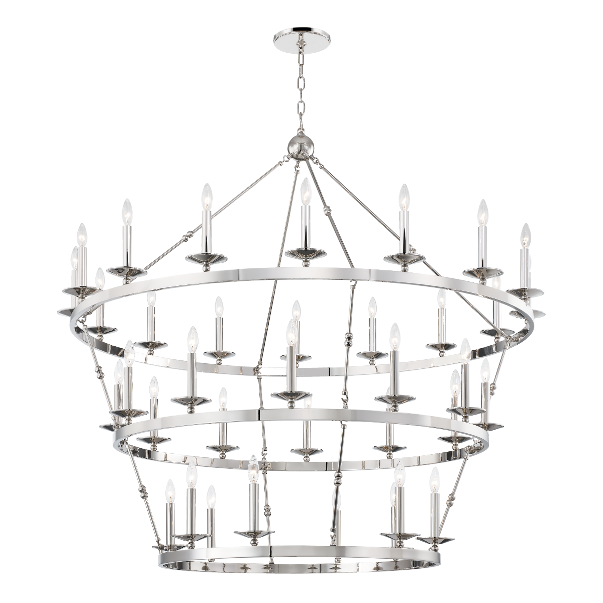 Allendale Chandelier 58" x 54.25" in polished nickel shown from the front to reveal the frame, arms, and shade detail.