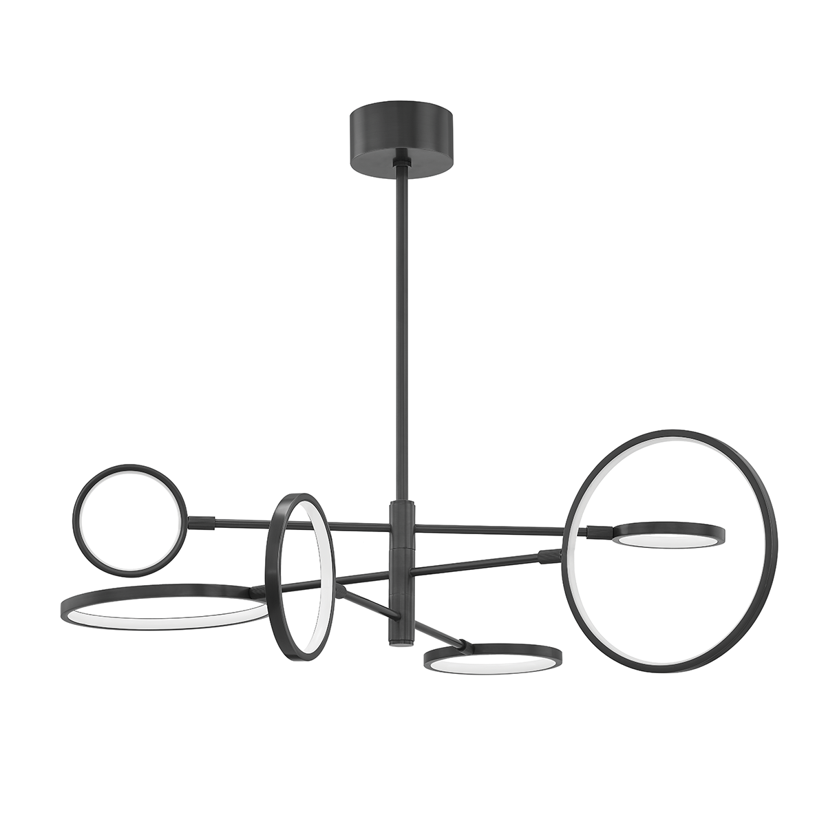Saturn Chandelier in Aged Brass shown from a second angle to highlight the frame, arms, and shade detail.