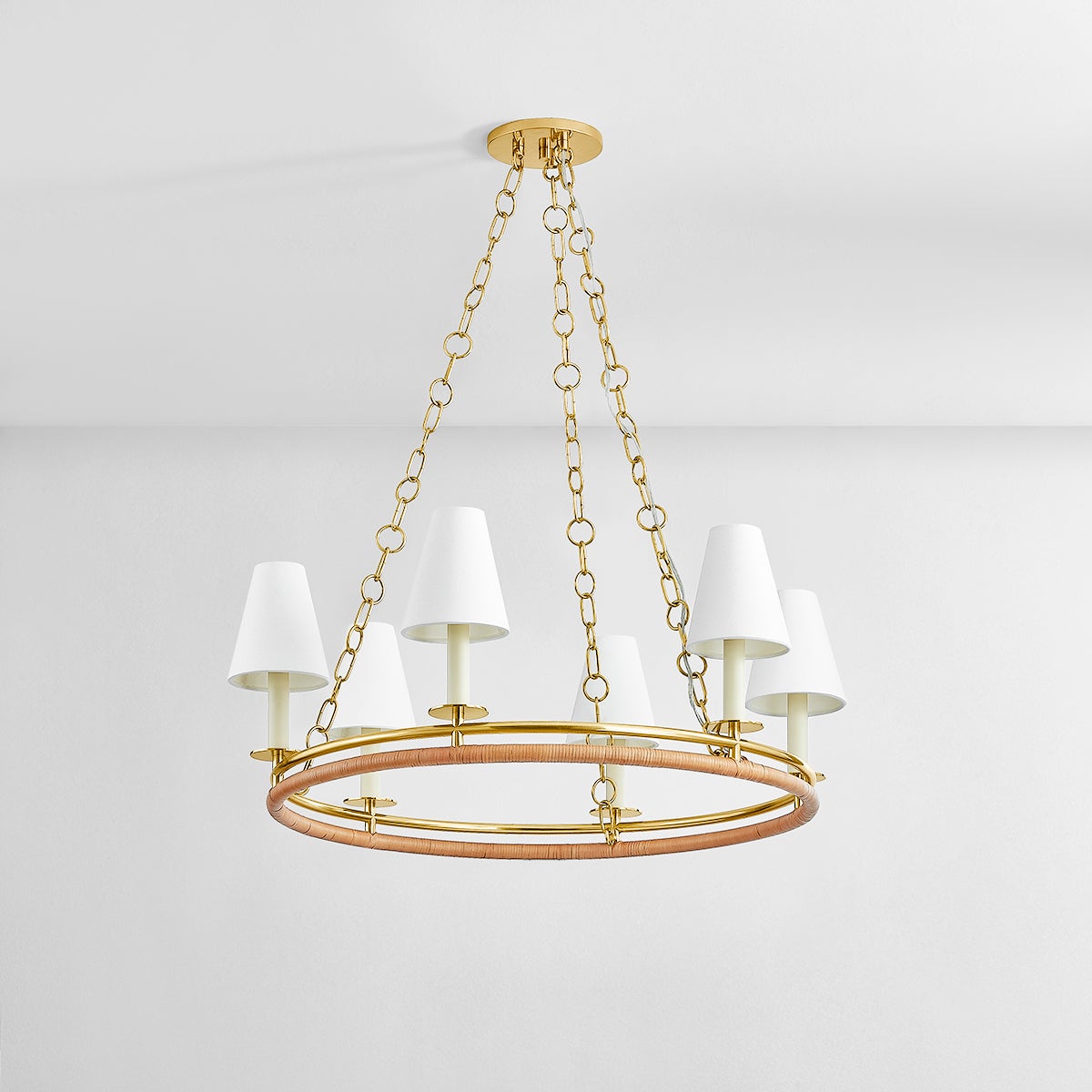 Swanton Chandelier 31" in aged brass shown from a second angle to highlight the frame, arms, and shade detail.