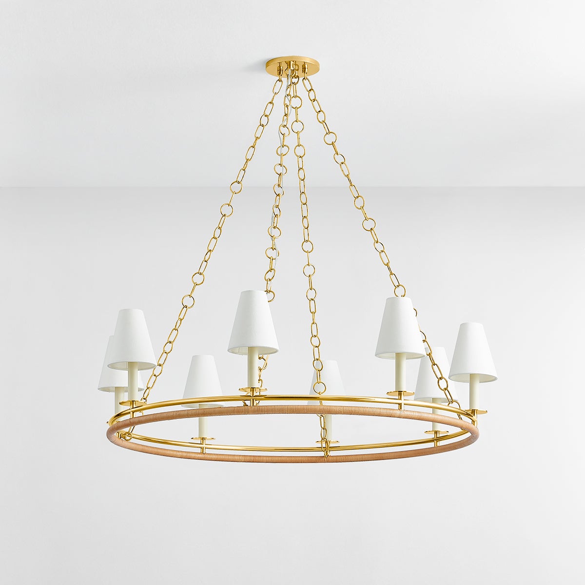 Swanton Chandelier 43" in aged brass shown from a second angle to highlight the frame, arms, and shade detail.