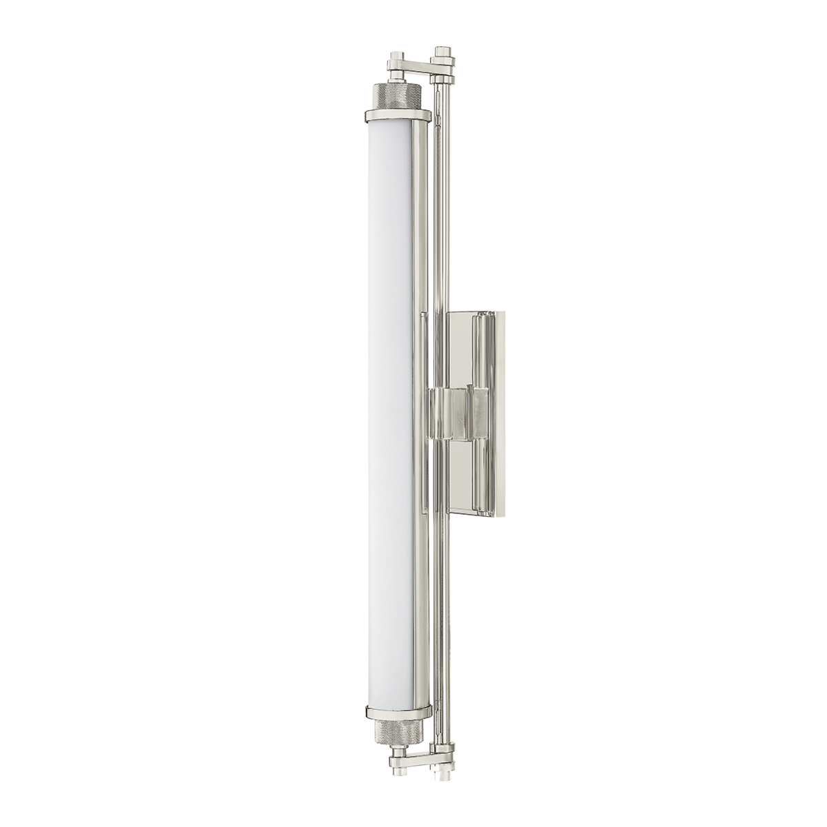Plandome Bath And Vanity 4.25" x 28" in polished nickel shown from a second angle to highlight the arm spread and shade silhouette.
