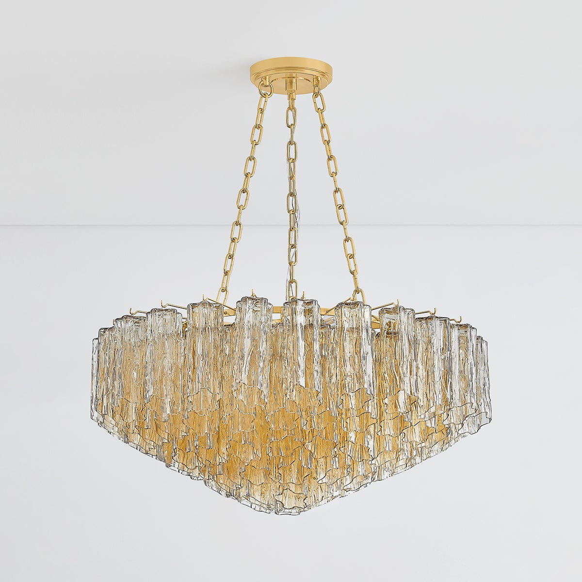 Watertown Chandelier 33" in aged brass shown from a second angle to highlight the frame, arms, and shade detail.