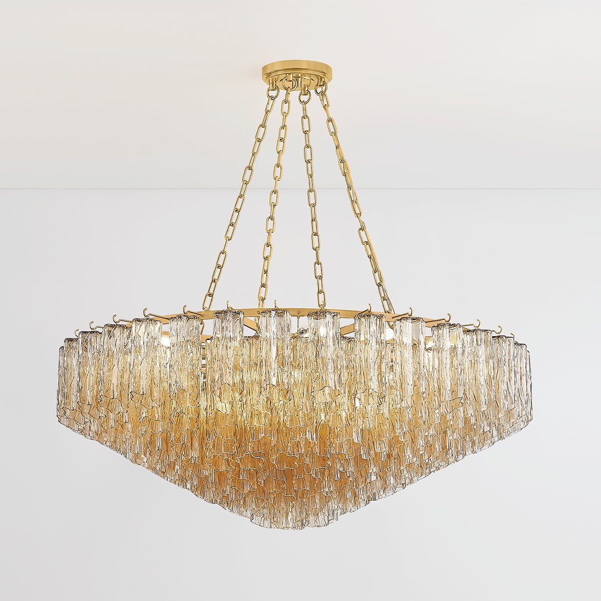 Watertown Chandelier 46" in aged brass shown from the front to reveal the frame, arms, and shade detail.