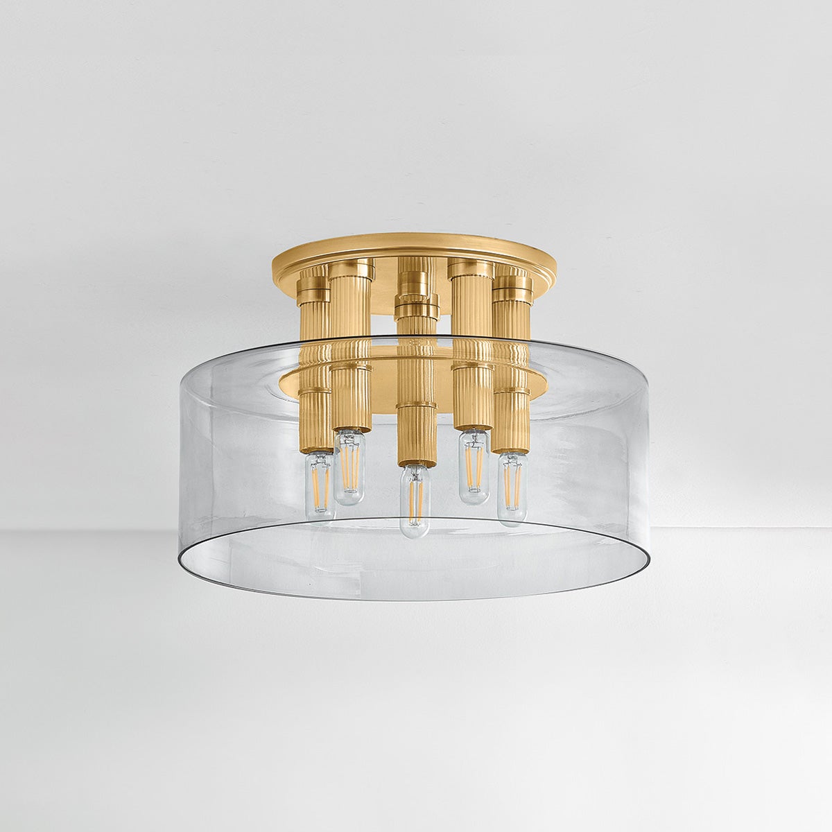 Crystler Flush Mount 15" in aged brass shown from a second angle to highlight the shade profile and mounting canopy.