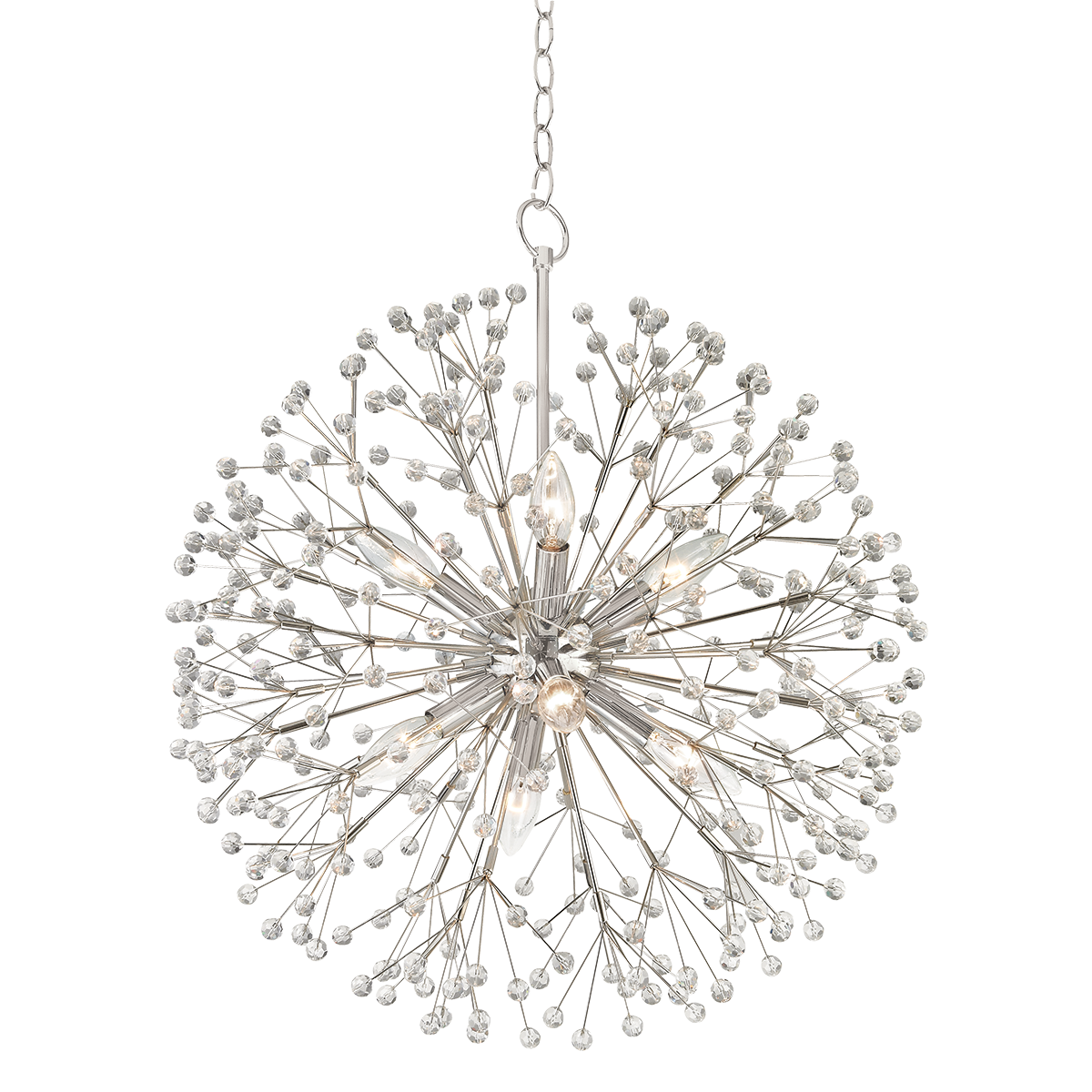 Dunkirk Chandelier 20" in polished nickel shown from a second angle to highlight the frame, arms, and shade detail.