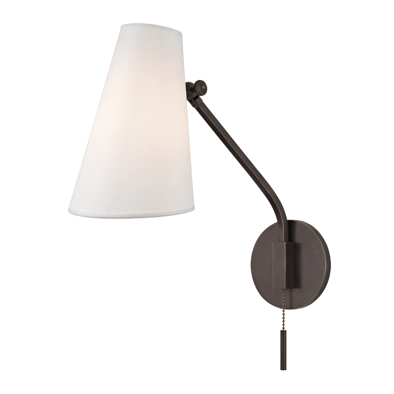 Patten Wall Sconce in bronze shown from a second angle to highlight the arm curve and shade silhouette.
