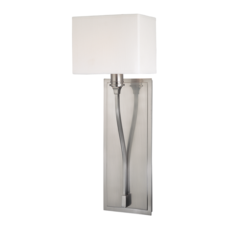 Selkirk Wall Sconce 7" in satin nickel shown from a second angle to highlight the arm curve and shade silhouette.
