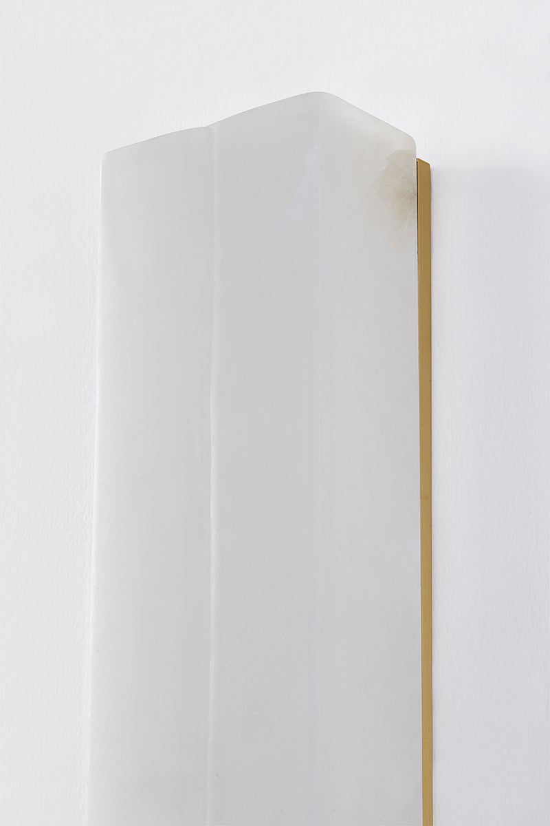 Bremsen Wall Sconce 5" x 24.5" in aged brass shown from the front to reveal the arm curve and shade silhouette.