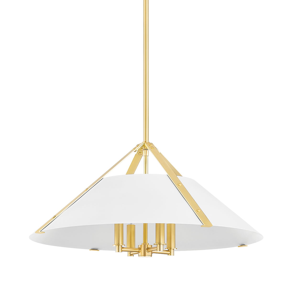 Raymond Pendant in aged brass shown from a second angle to highlight the shade shape and metal detail.