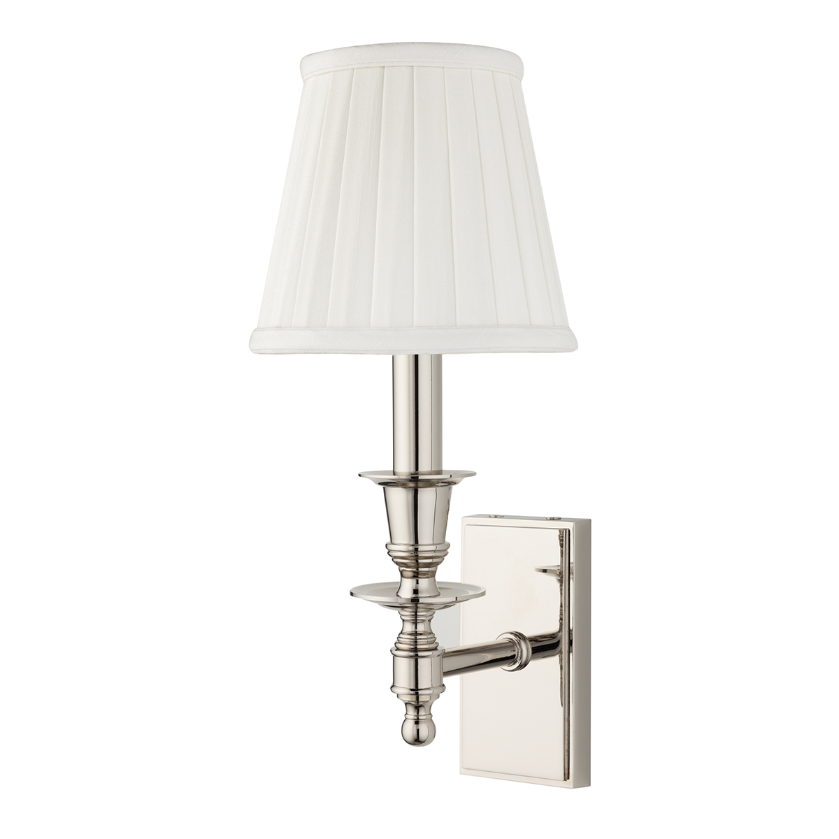 Ludlow Wall Sconce 5.5" in polished nickel shown from the front to reveal the arm curve and shade silhouette.