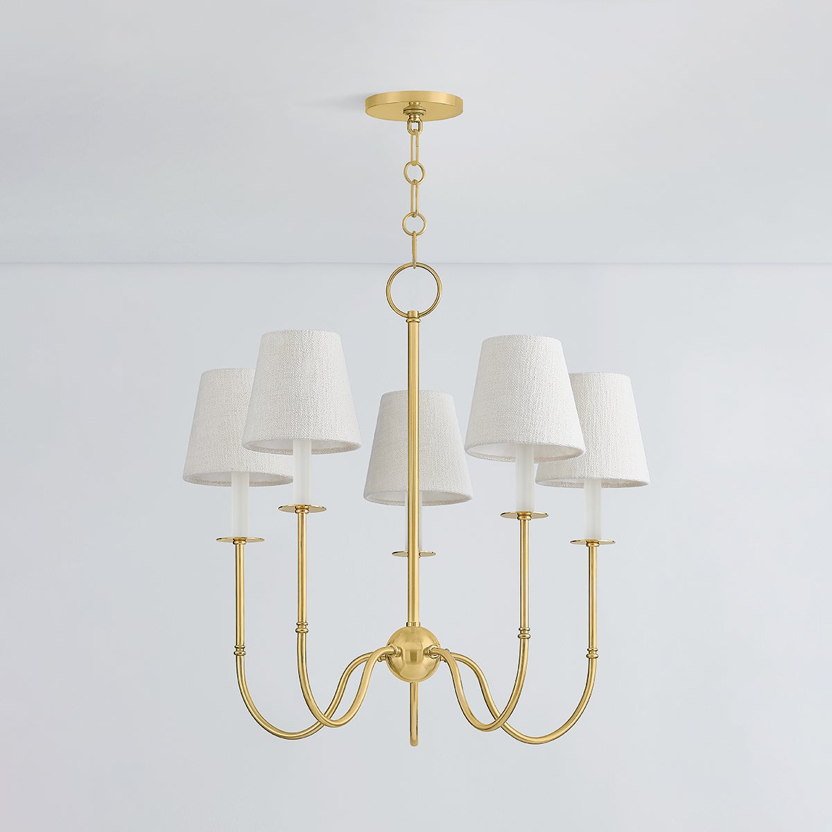 Amina Chandelier 26.5" in aged brass shown from a second angle to highlight the frame, arms, and shade detail.
