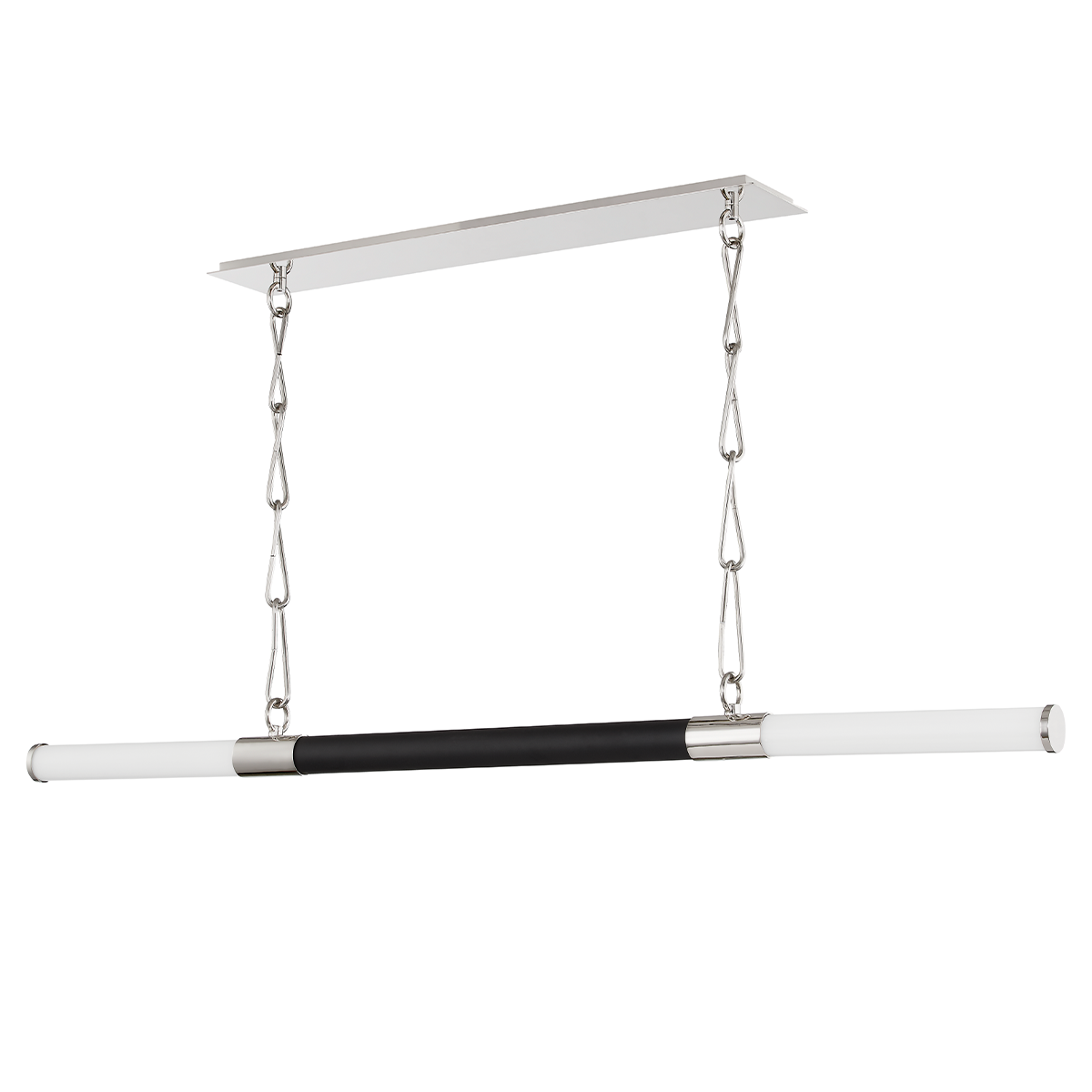 Huntington Linear in polished nickel shown from a second angle to highlight the extended frame and shade array.