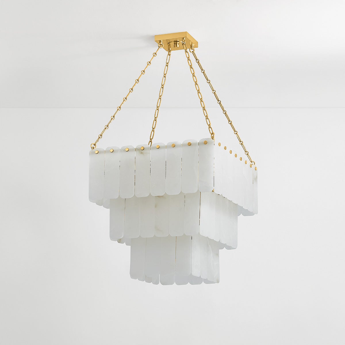 Moissanite Chandelier 26" in aged brass shown from a second angle to highlight the frame, arms, and shade detail.