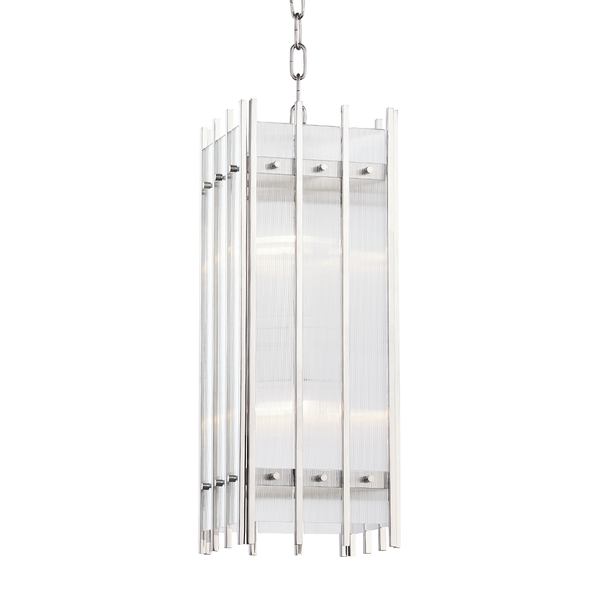 Wooster Lantern in polished nickel shown from a second angle to highlight the frame and glass panel detail.