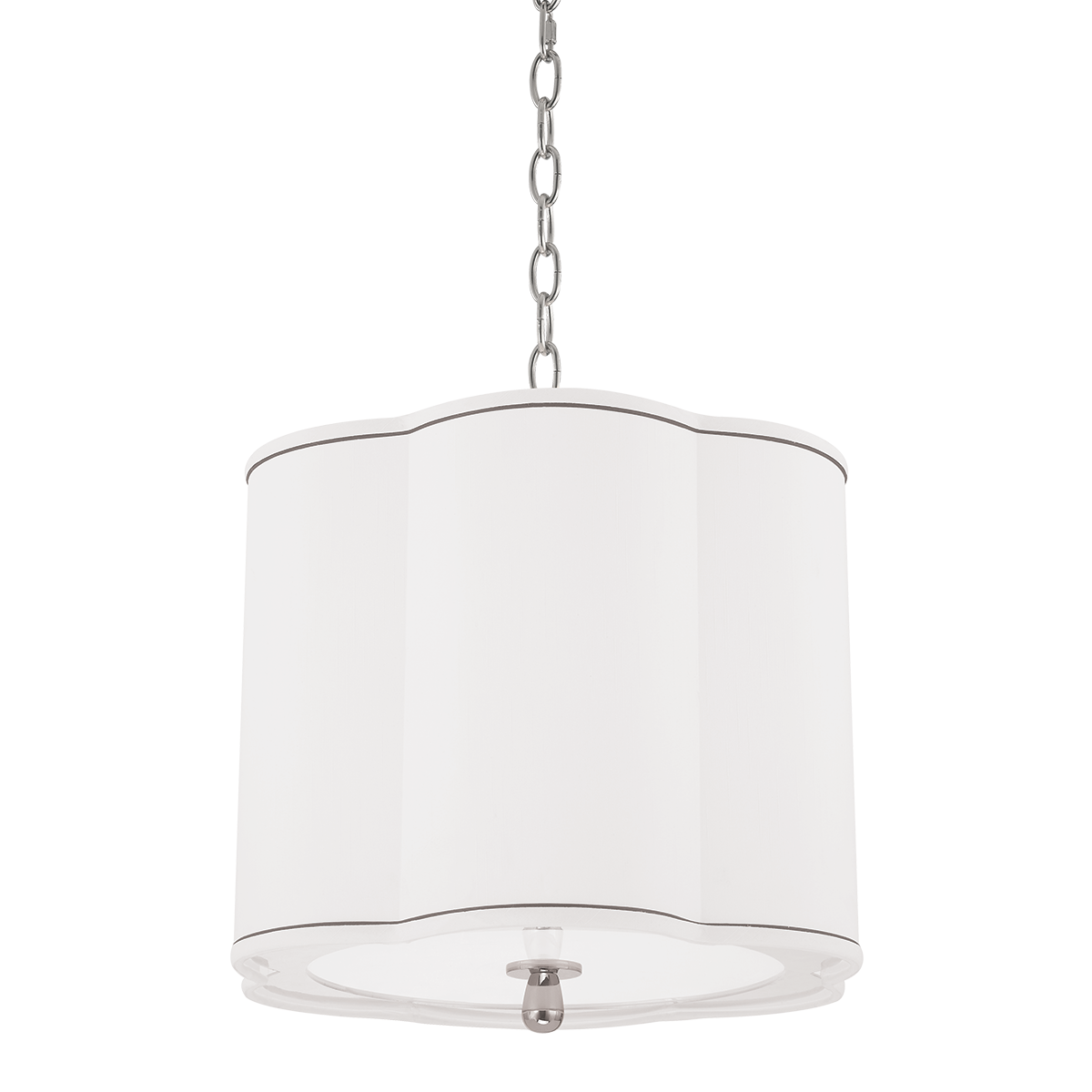 Sweeny Pendant 15" in polished nickel shown from a second angle to highlight the shade shape and metal detail.