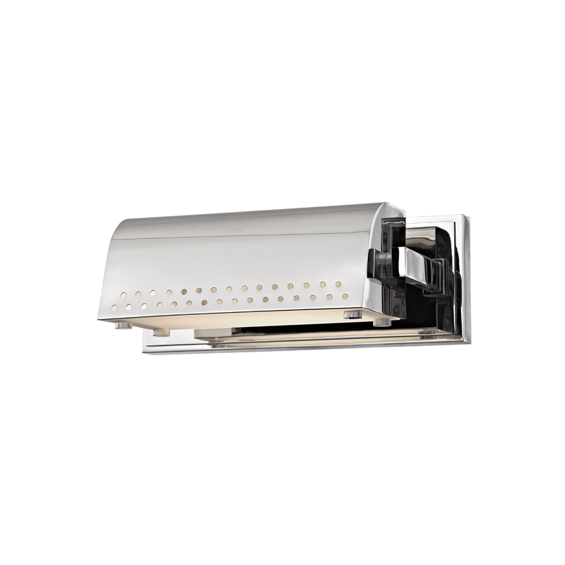 Garfield Picture Light 9.75" in polished nickel shown from the front to reveal the arm curve and shade proportion.
