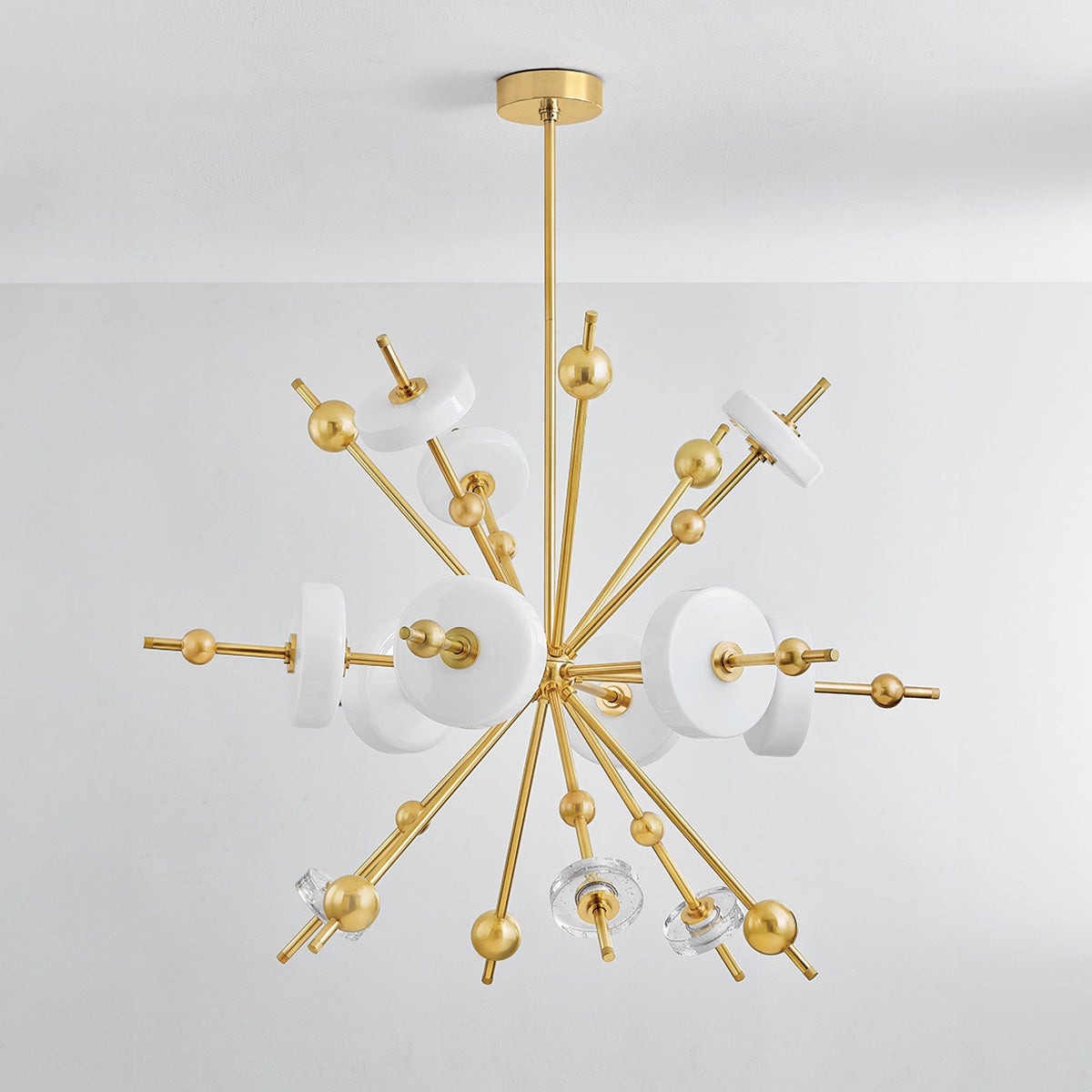 Maynard Chandelier 44.5" in aged brass shown from a second angle to highlight the frame, arms, and shade detail.