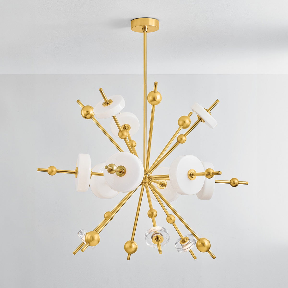 Maynard Chandelier 44.5" in aged brass shown from the front to reveal the frame, arms, and shade detail.