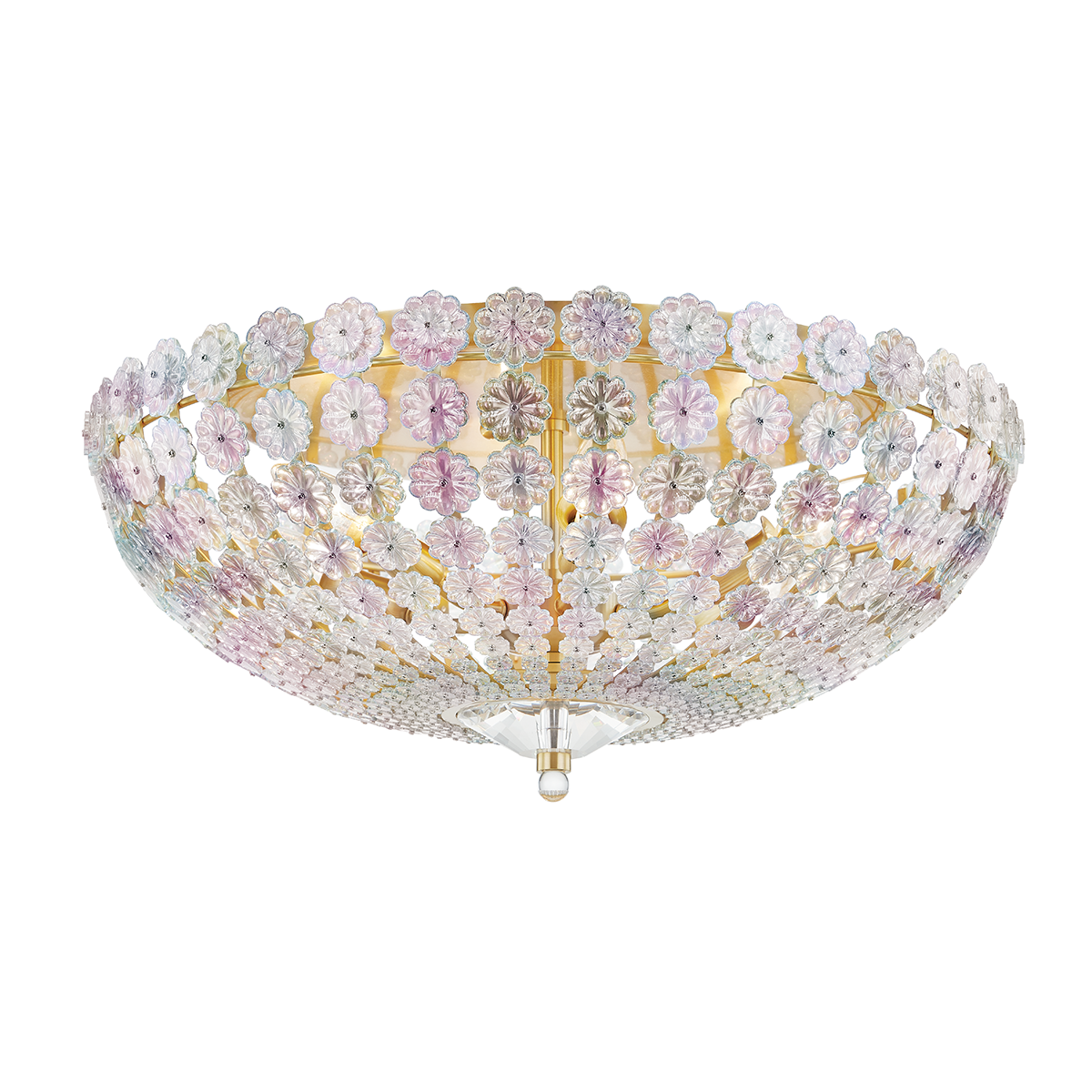 Floral Park Semi Flush 21.5" in aged brass shown from the front to reveal the shade profile and mounting canopy.