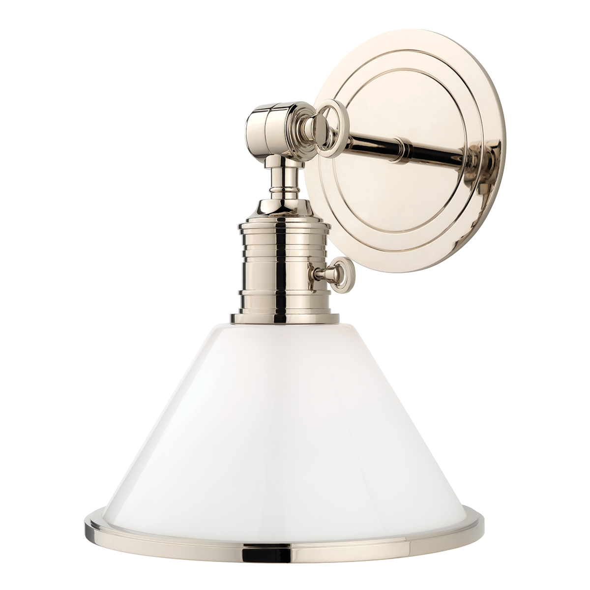 Close-up of the Garden City Wall Sconce 8" x 11" in polished nickel showing the arm curve and shade silhouette.