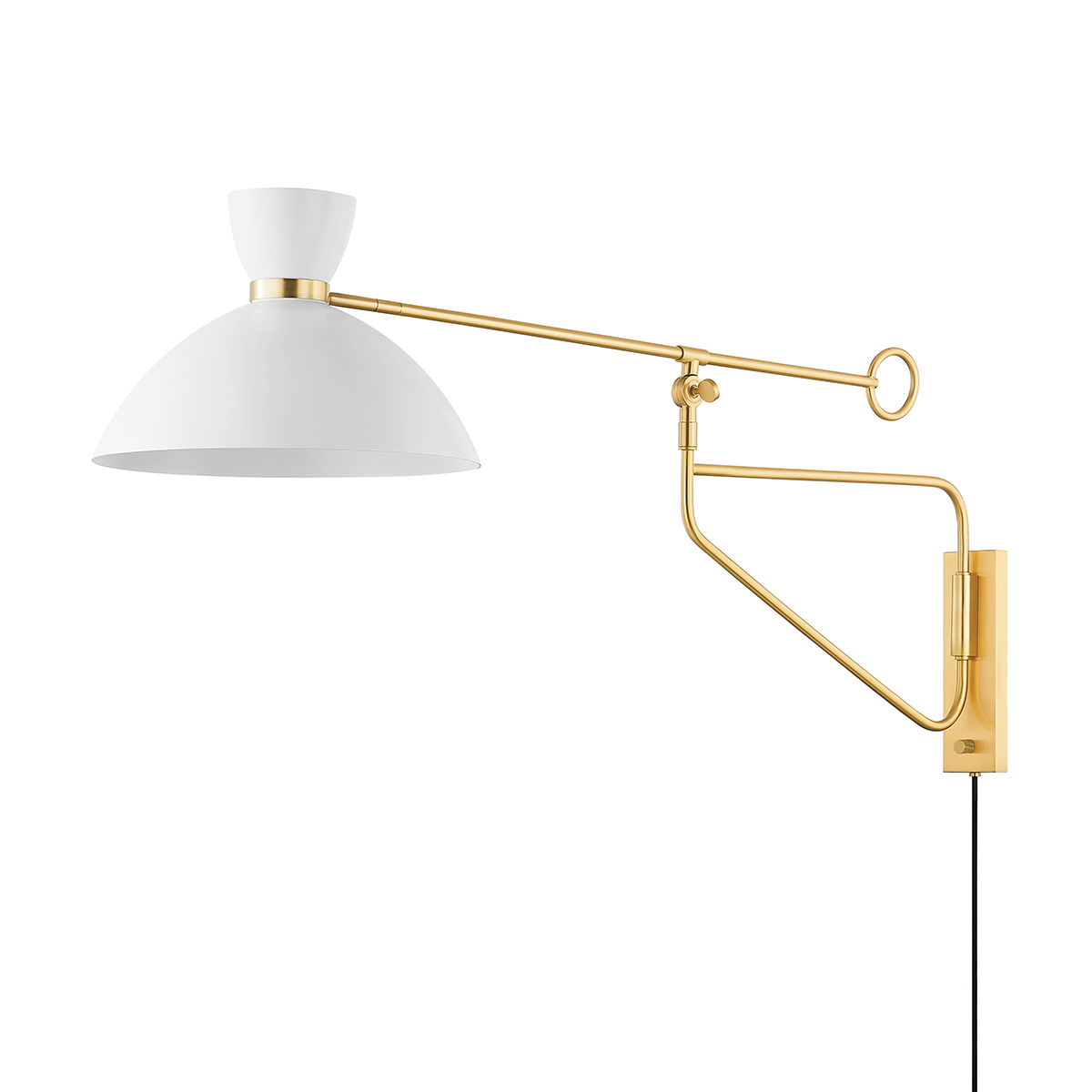 Cranbrook Plug-In Sconce in aged brass shown from a second angle to highlight the arm profile and shade silhouette.
