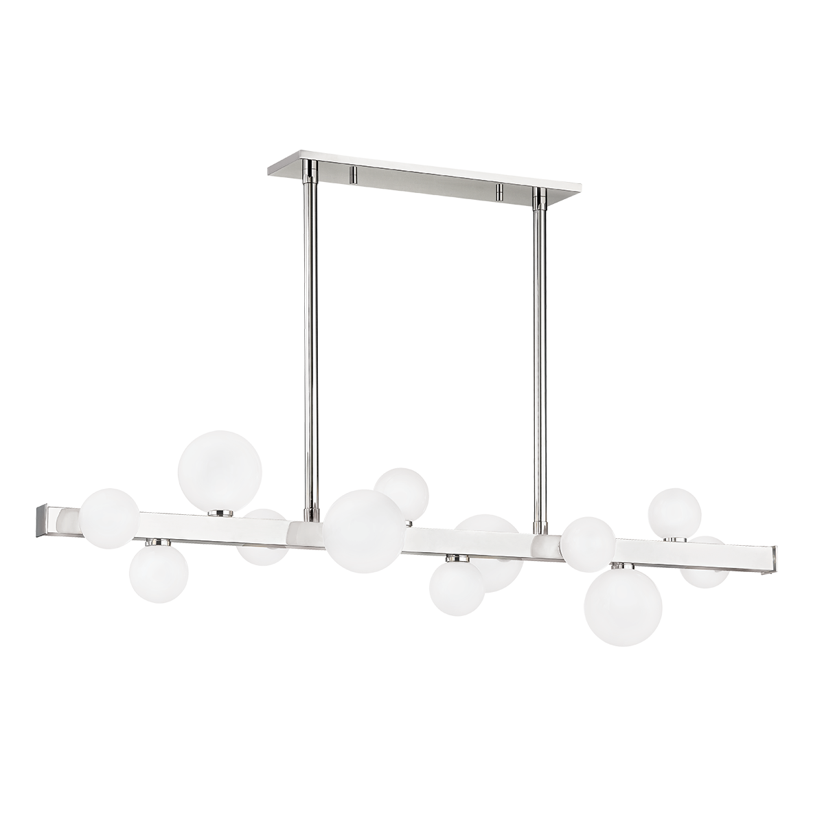 Mini Hinsdale Linear in polished nickel shown from a second angle to highlight the extended frame and shade array.